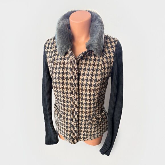 CAbi Wool Blend Houndstooth Coat Size 4 Lined Removable Fur Collar - Picture 1 of 9